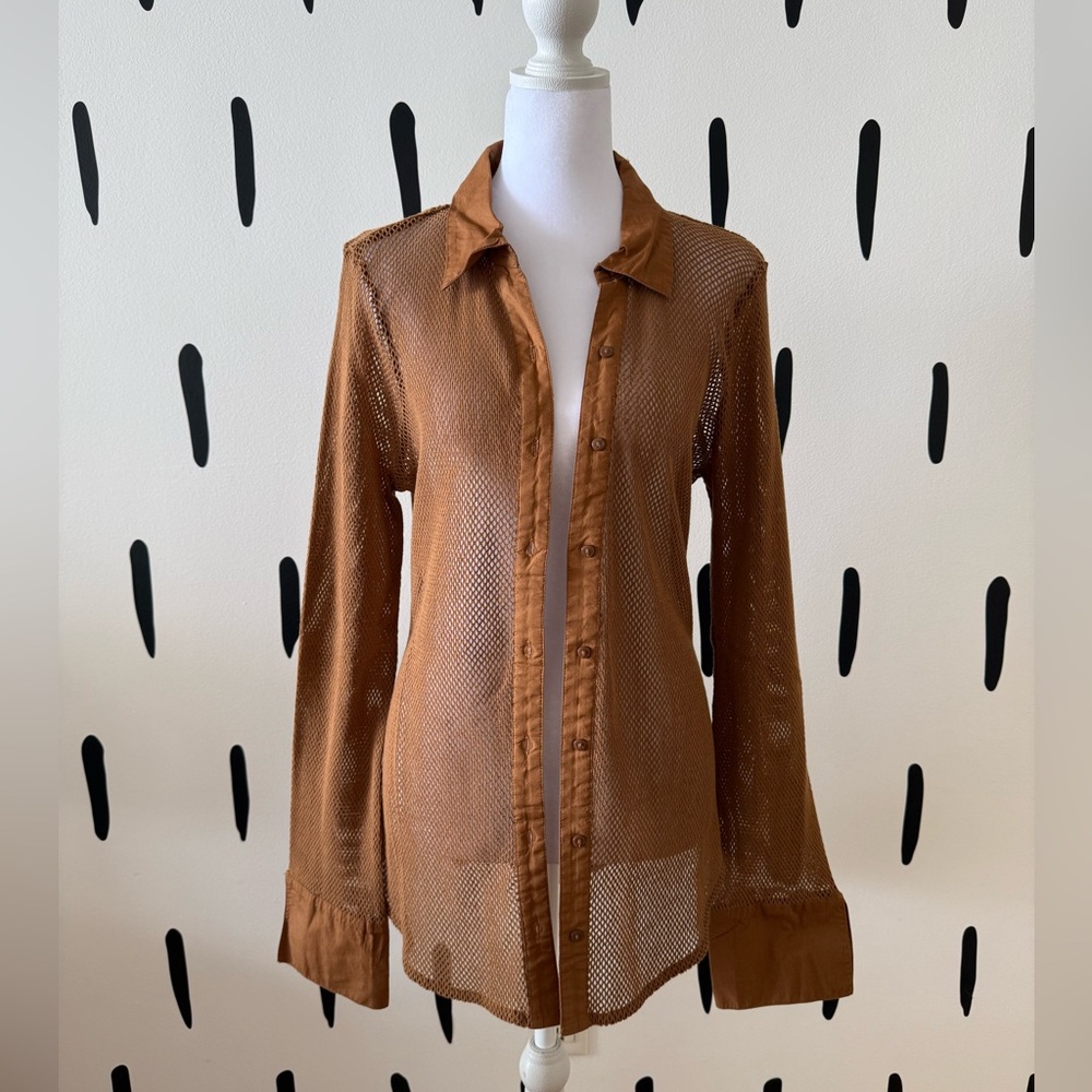 Free People Brown Mesh Button-Up Shirt
